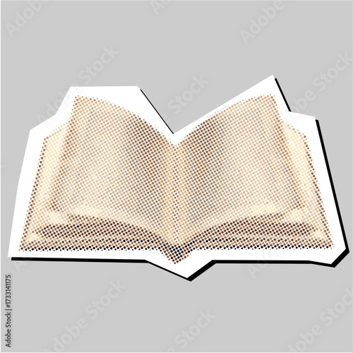 Opened book halftone dotted collage element pointillize in paper torn icon vector. A unique design for reading, storytelling, and knowledge themes.