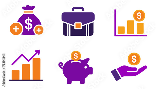 Finance Icons Vector, Money Bag Piggy Bank Business Investment Chart Design, Business Money Icons, Banking Savings Growth Profit Economy Vector Set, Financial Icons Vector, Investment Piggy Bank..