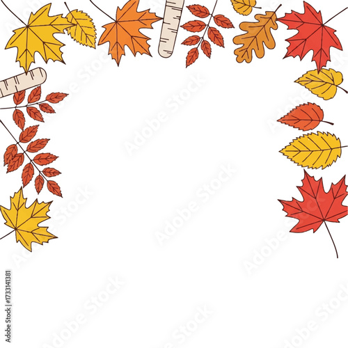 Illustration of colorful autumn leaves arranged in a border on a white background with a flat lay composition.