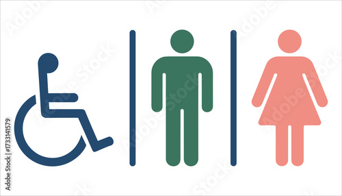 Restroom Toilet Sign Icons Male Female Disabled Vector, Bathroom Gender Symbols Man Woman Accessibility Icon Set, WC Toilet Pictogram Icons Unisex Disabled Restroom Vector.