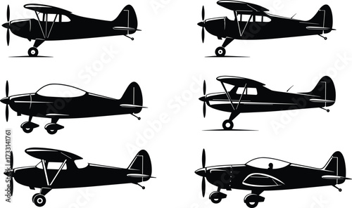 Vintage airplane silhouettes, retro aircraft collection, black and white aviation design, classic planes illustration, propeller flight vector, old transport graphic set