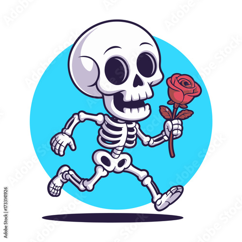 cheerful skeleton with rose, blue circle background, dynamic stride, romantic spooky vibe, fun halloween mascot, cartoon vector artwork