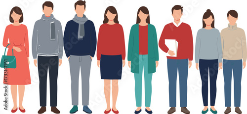 Group of diverse young people standing together, casual fashion outfit illustration, modern lifestyle, teamwork, colleagues, friends, social community concept design
