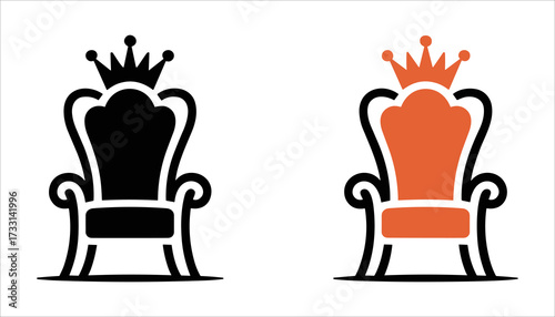 Royal Throne Chair Vector Icon with Crown Illustration, Luxury King Queen Throne Seat Crown Symbol Silhouette, Monarch Throne Chair Vector Design for Royalty and Power.