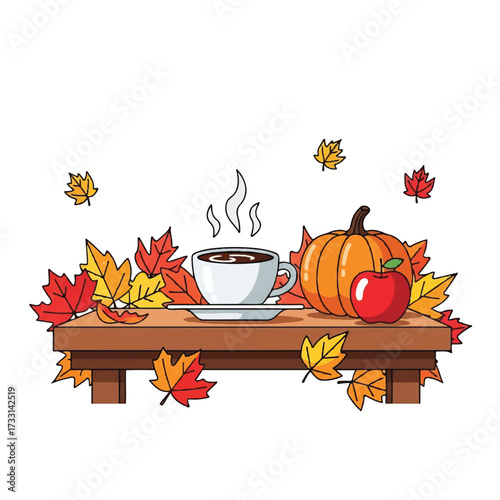 Autumnal still life of a steaming cup of coffee on a wooden table surrounded by colorful fall leaves, a pumpkin, and an apple.
