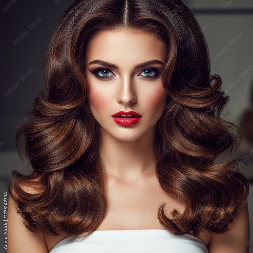 Fototapeta premium Glamorous woman with voluminous wavy brunette hair and bold red lipstick makeup