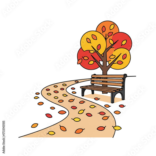 Illustration of a wooden bench beside a winding path under a colorful tree with falling leaves in autumn.