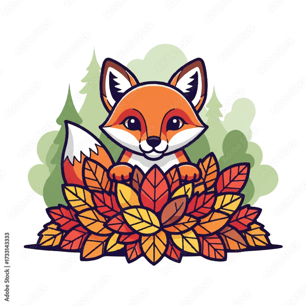 Obraz premium A cartoon orange fox sitting on a pile of colorful autumn leaves against a green forest background with a white border.