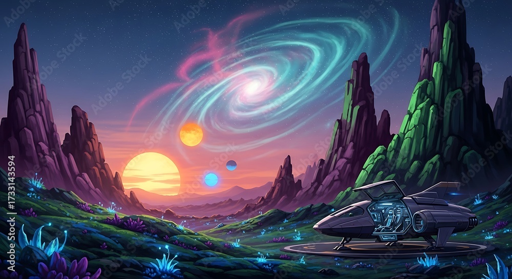 Obraz premium Spaceship landed on alien planet with colorful rock formations, multiple suns and swirling galaxy science fiction