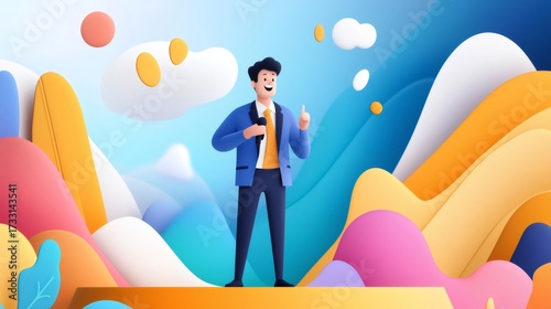 Public speaker giving a motivational talk on a colorful abstract background