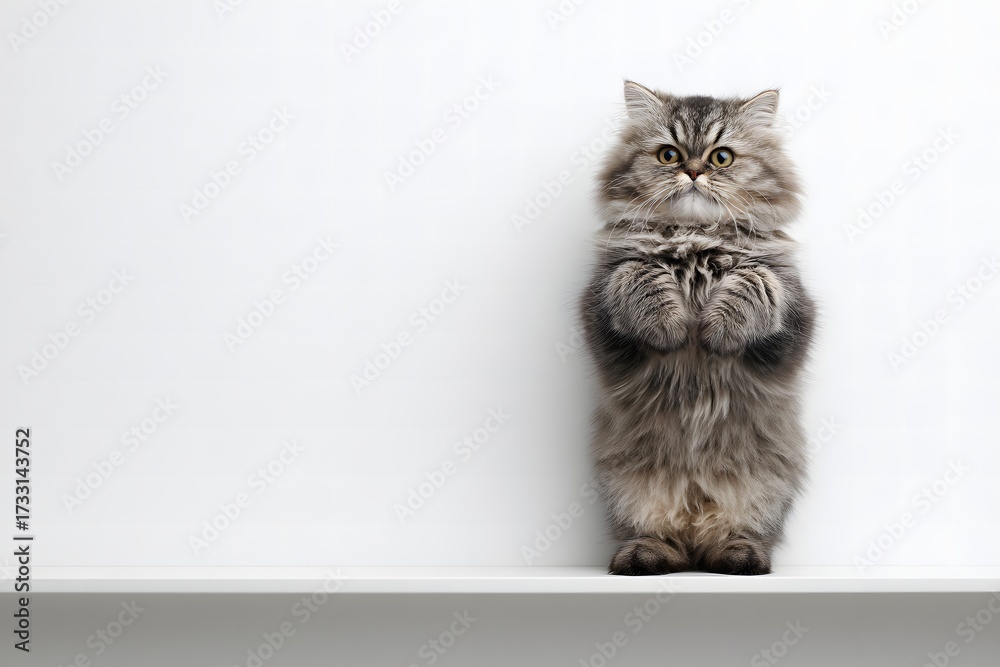 Fototapeta premium Fluffy Cat Standing on Shelf Against Plain White Background in Bright Indoor Space