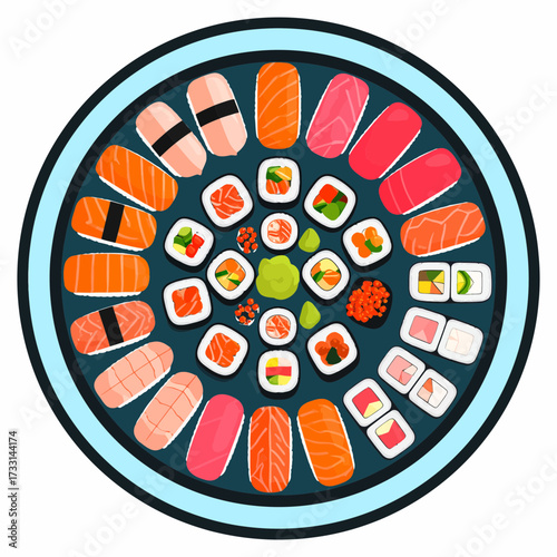 Sushi platter with various types of sushi rolls and nigiri.