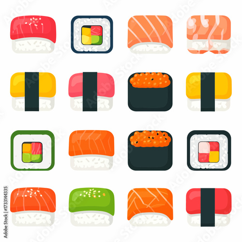 Assorted sushi pieces with different toppings and fillings.