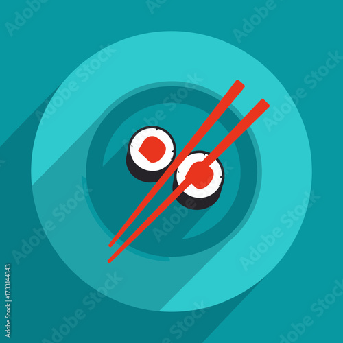Illustration of sushi rolls on a plate with chopsticks.