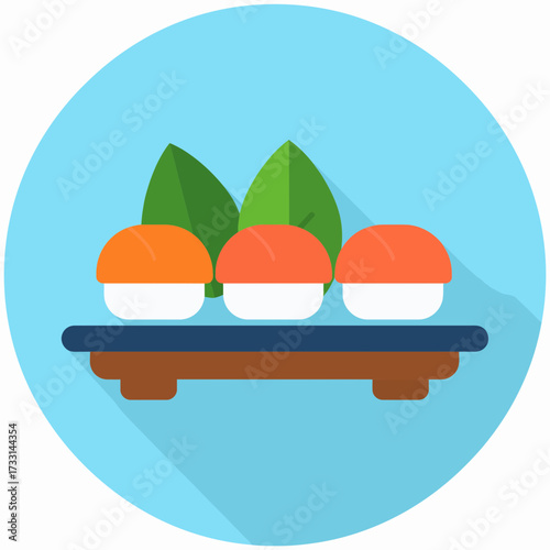 Sushi nigiri on a wooden tray with green leaves in the background.
