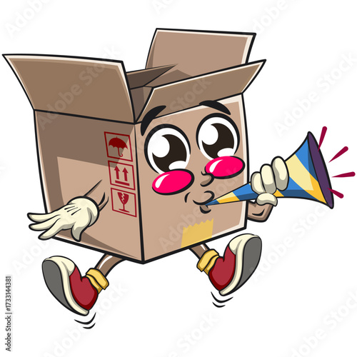 cute cardboard box mascot character vector illustration isolated blow the party horn trumpet, work of hand drawn