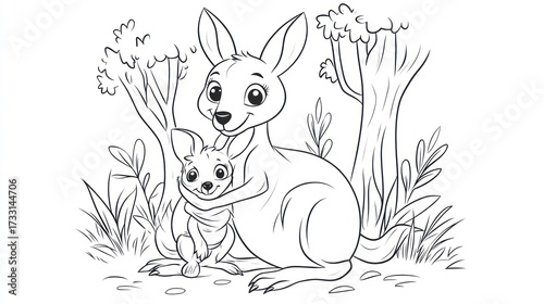 Mother kangaroo and joey cartoon illustration in nature with trees and plants