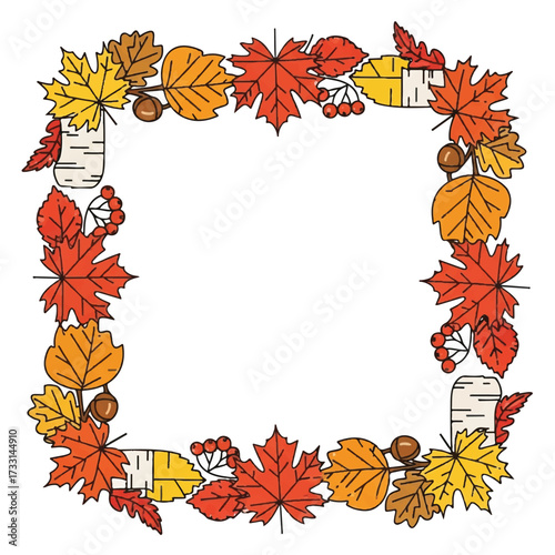 Colorful autumn leaves and birch bark arranged in a square frame on a white background with warm tones.