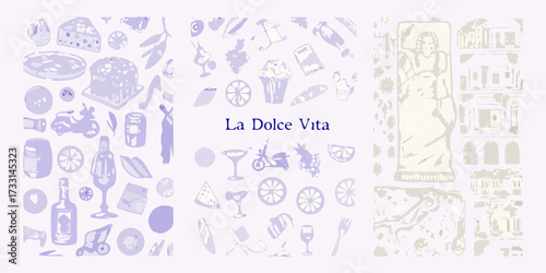 La dolce vita italian lifestyle collage with food drinks and vespa scooters