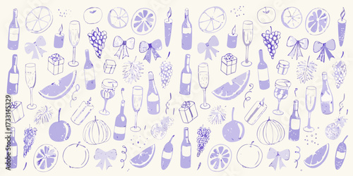Whimsical hand drawn purple party elements featuring fruits drinks gifts and candles on a light background