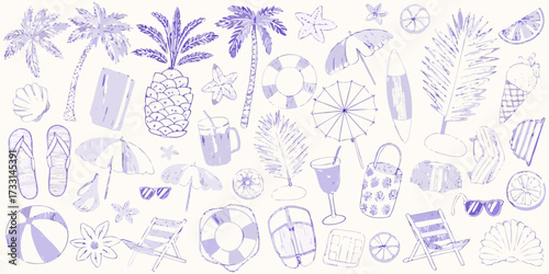 Hand drawn purple summer vacation beach elements and tropical vacation icons collection
