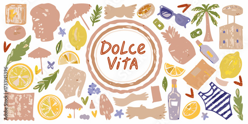 Dolce vita italian summer vacation collage with roman landmarks and citrus fruits