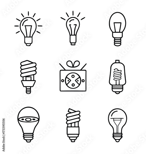 Flashlight Bulbs Icons including incandescent, halogen, LED, fluorescent bulbs for lighting equipment design 