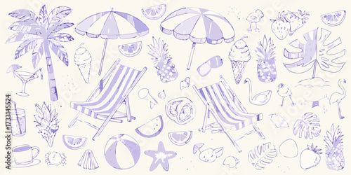 Whimsical hand drawn summer beach vacation elements collection in purple and white