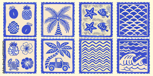 Collection of eight blue and cream postage stamp style illustrations featuring tropical beach and ocean themes