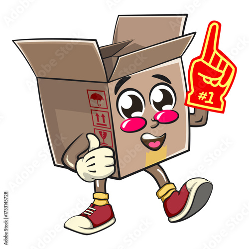 cute cardboard box mascot character vector illustration isolated raise foam finger, work of hand drawn
