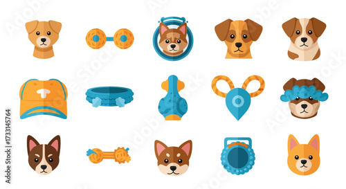 Cartoon Dog Faces & Pet Accessories Vector Set. Adorable Puppy Heads, Toys, Collars, Hats for Pet Care and Play.