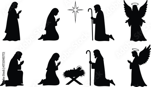 Nativity silhouette scene with Mary, Joseph, baby Jesus, angels, star of Bethlehem, Christian Christmas story, worship, faith, religion, holy nightNativity 