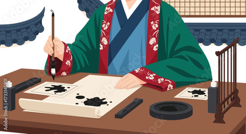 Traditional Chinese Calligraphy: Scholar Writing with Ink Brush on Paper Scroll at Desk