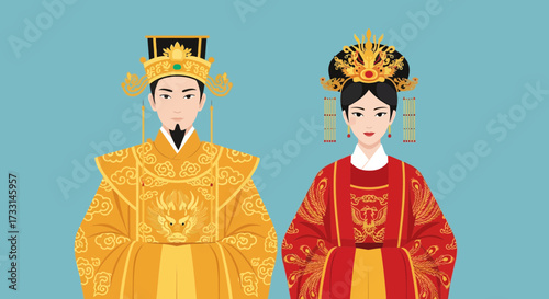 Traditional Chinese Emperor and Empress in Royal Attire Illustration
