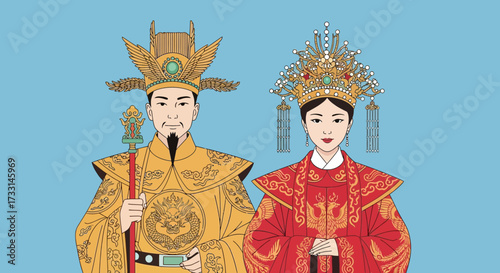 Traditional Chinese Emperor and Empress. Ancient Imperial Couple in Ornate Robes and Headdresses, Depicting Historical Royalty.