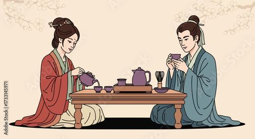 East Asian Tea Ceremony with Couple. Flat vector illustration of traditional ritual, man and woman in ancient attire.