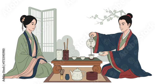 Traditional East Asian Tea Ceremony Illustration. Man and Woman in Cultural Attire Performing a Serene Tea Ritual.