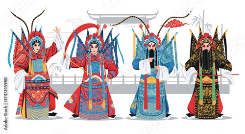 Traditional Chinese Opera Characters in Elaborate Costumes and Makeup Illustration