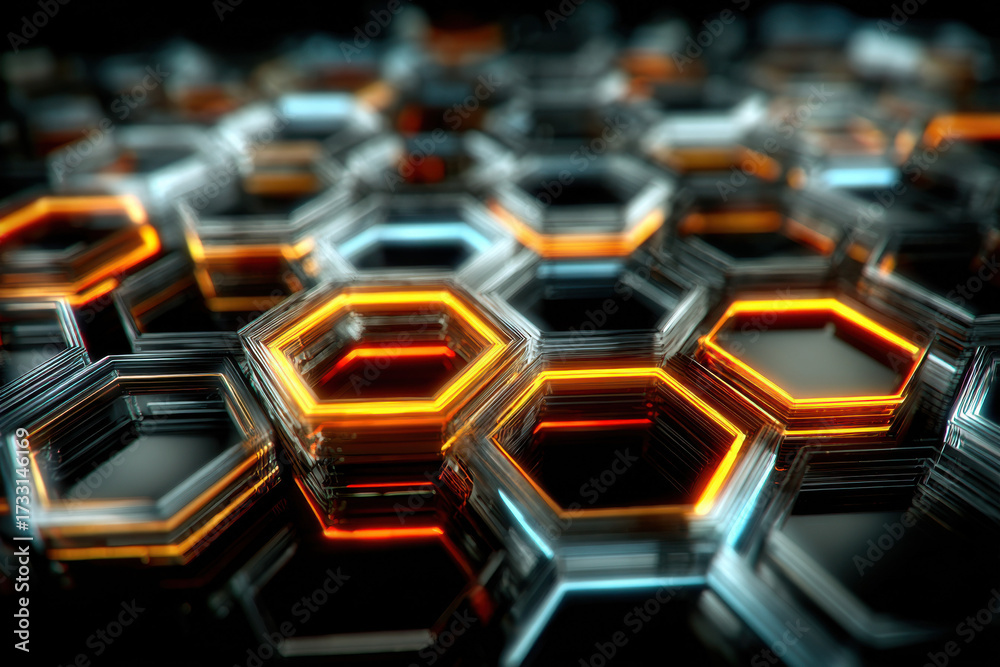Fototapeta premium Hexagon grid: An intricate array of luminous, geometric hexagons interlocks across a sleek, dark surface, radiating an aura of technological innovation and modern design.