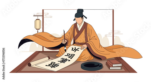 Traditional East Asian Scholar Practicing Calligraphy Art with Ink Brush and Scroll Illustration