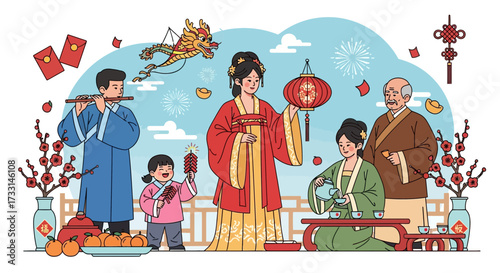Traditional Chinese Family Celebrating Lunar New Year with Cultural Activities and Festive Elements Illustration
