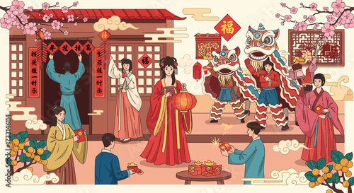 Joyful Chinese New Year Celebration: Traditional Customs, Lion Dance, Lanterns, Red Envelopes & Festive Decor Illustration