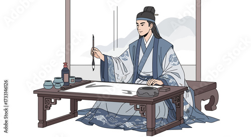 Traditional Asian Calligrapher Practicing Art with Brush and Ink