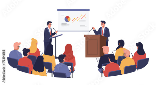 Business Conference with Speakers and Audience Illustration.
