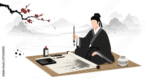 Traditional Asian Calligraphy Scholar with Ink Brush and Scroll in Mountain Landscape Illustration