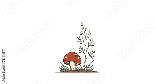 A solitary mushroom with a tall grass stem sprouts from the earth.
