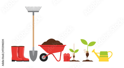Gardening tools and plant growth stages illustrating the process of cultivation and nurturing young seedlings.