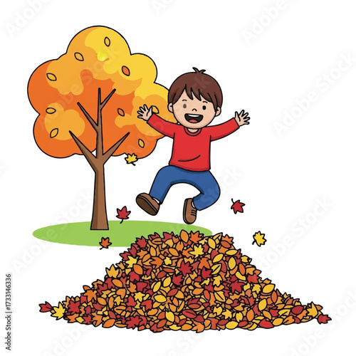 A young boy jumping in the air with joy amidst a pile of colorful autumn leaves and a tree with orange foliage against a clean white background.