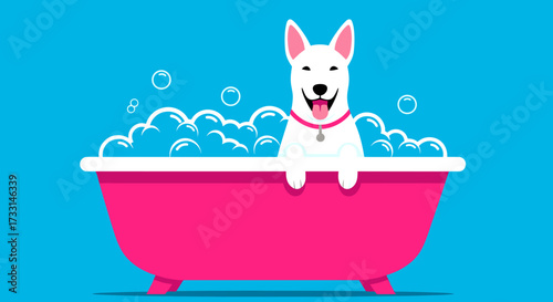 Happy white dog enjoying a bubble bath in a pink tub during grooming.