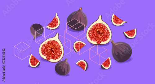 A delightful arrangement of fresh figs and abstract geometric shapes on a purple background.